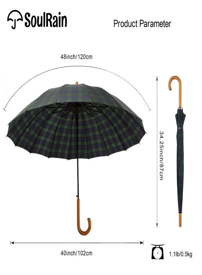 SoulRain Plaid Umbrella 16 Ribs 48" Stick Umbrella Auto Open Vintage Cane Big Umbrella With,Classic Wood Handle,Windproof Unbreakable Strong Wind Resistant Umbrellas Adult(Grid Navy) - Image 4